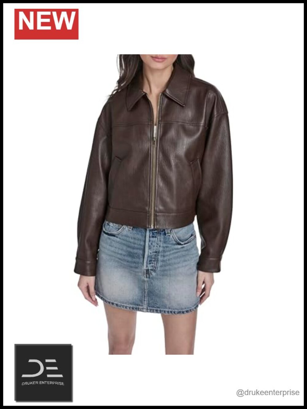 Faux Leather Zip Front Jacket with Puff Sleeves Relaxed Fit